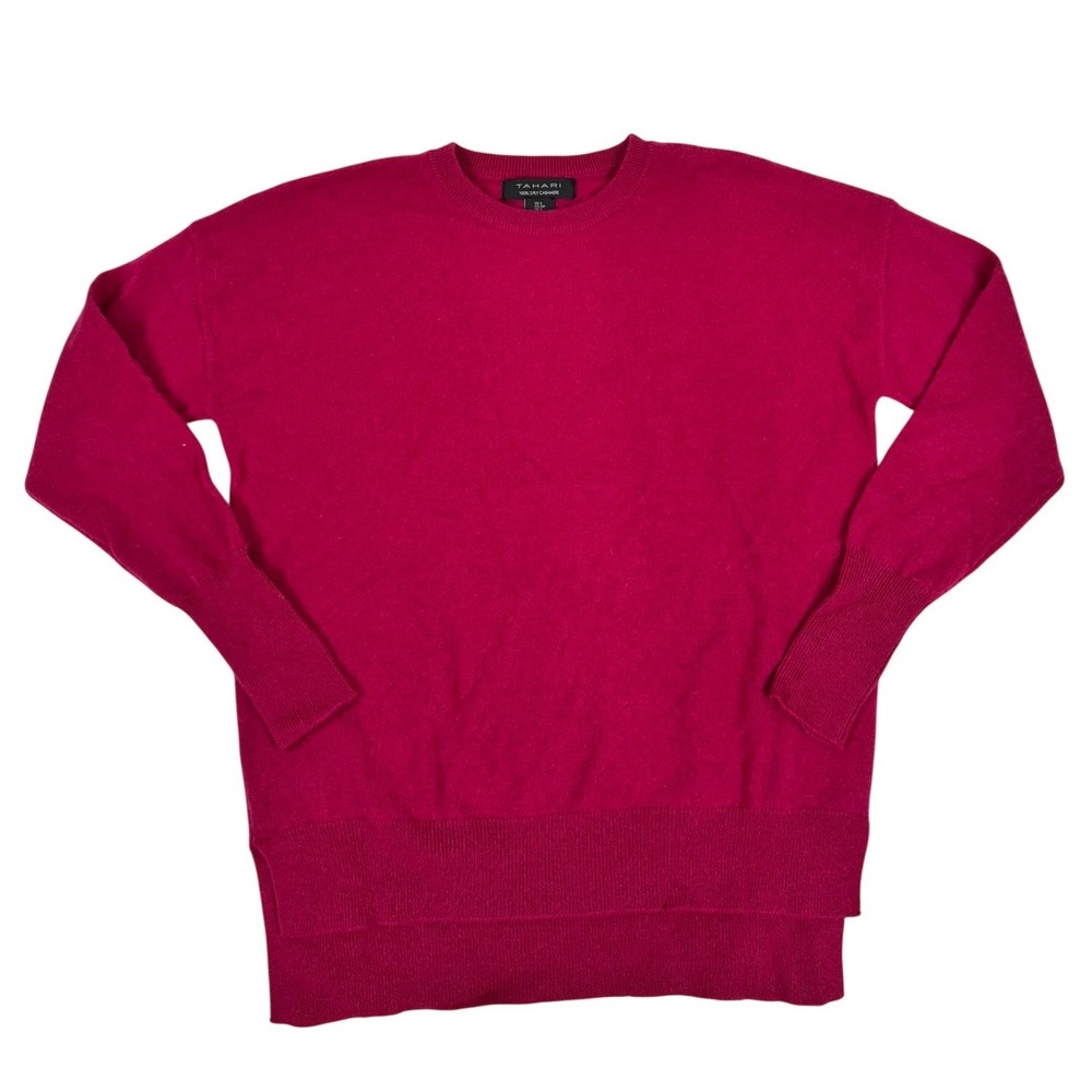 Tahari Womens Magenta Pink 100% 2-Ply Cashmere Crewneck Sweater Small High Low